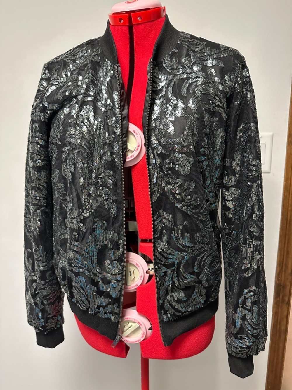 “love, Fire” Black Sequin Bomber Jacket